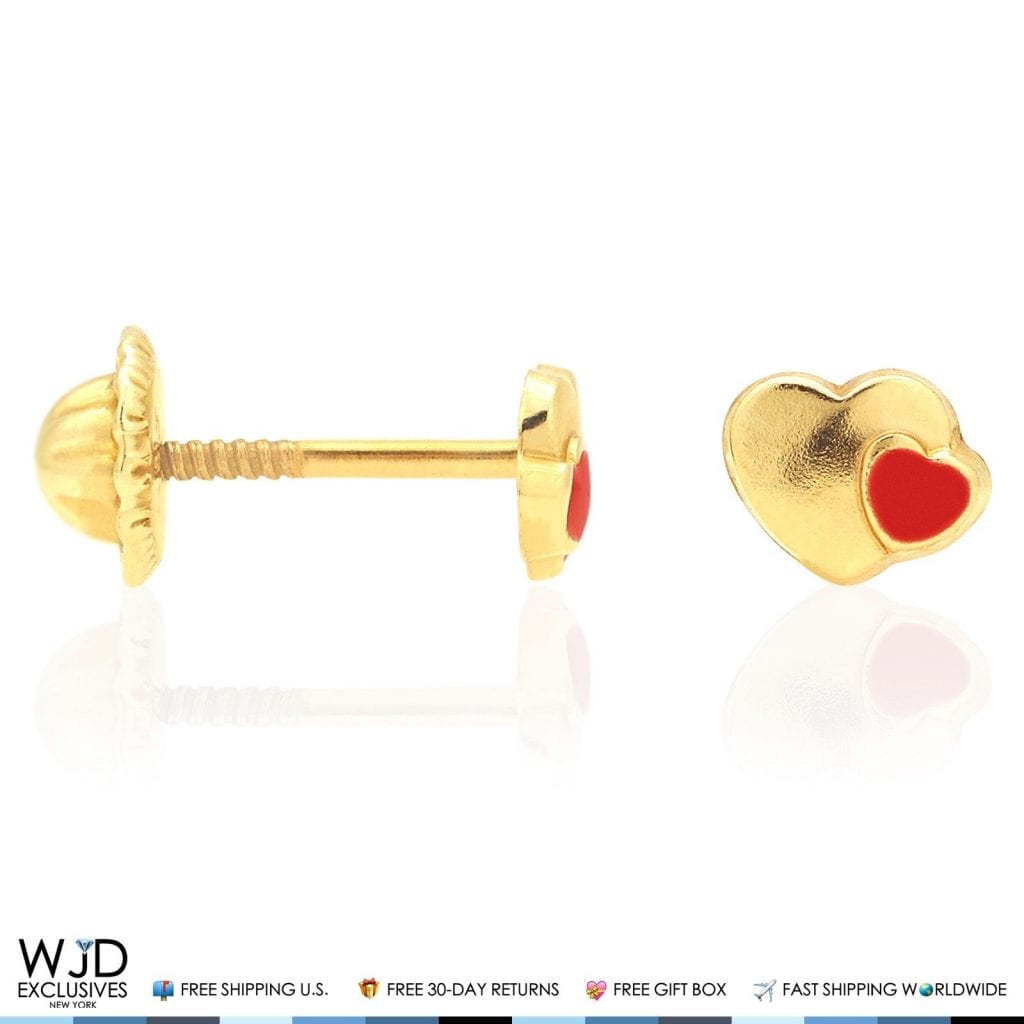 14K Solid Yellow Gold Red Enamel Heart Baby Screwback Stud Kid Earrings
